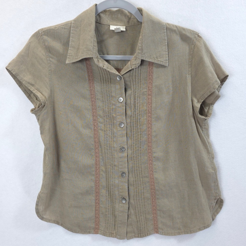 J. Jill Linen Blouse Lace Pintuck Short Sleeve Olive Green Women SP Cottagecore